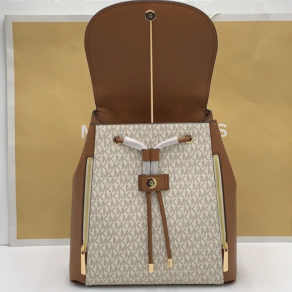 MICHAEL KORS PHOEBE MEDIUM DRAWSTRING BACKPACK VANILLA / BROWN SIGNATURE COLOR